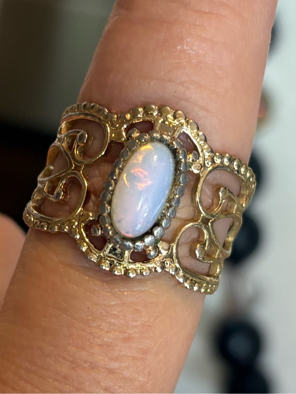 Vintage Sarah Coventry Faux Opal Gold Tone Filigree Adjustable Ring